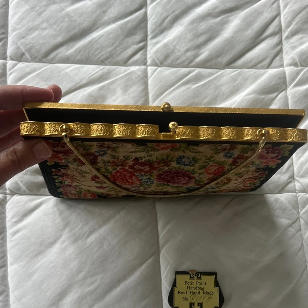Vintage Petit Point Handmade Floral Tapestry Clutch with Gold Chain - Picture 4 of 8